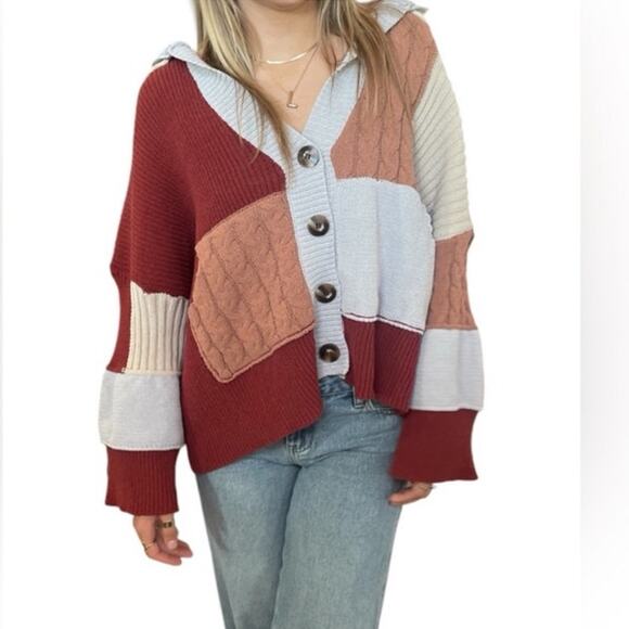 POL Sweaters - POL New Colorblock Oversized Cardigan with Hood Neutral Colors Large NWOT